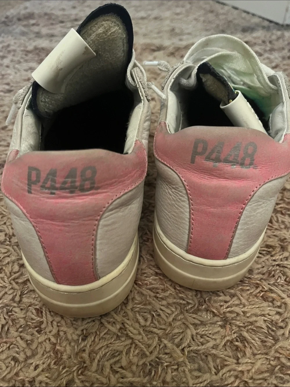 P448 White Leather Sneakers with Iridescent Green-Gold Tongue
